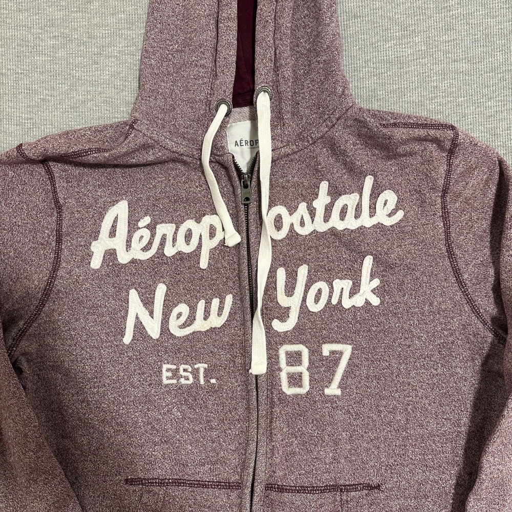 Aeropostale Full Zip Hoodie New York 87 Applique Heather Burgundy Mens Size M - Picture 4 of 12